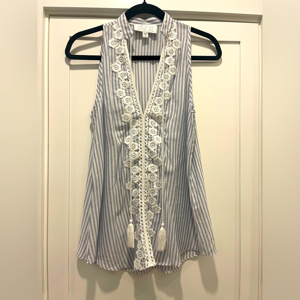 ATINA CHRISTINA Sleeveless summer Blouse - Blue and White Stripe SZ S